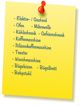 - Elektro- / Gasherd  - Ofen      - Mikrowelle  - K�hlschrank  - Gefrierschrank   - Kaffeemaschine  - Itilianokaffeemaschine  - Toaster      - Waschmaschine    - B�geleisen    - B�gelbrett  - Babystuhl